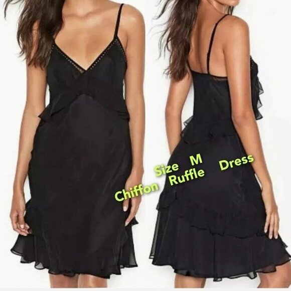 Victoria Secret Women's Black Chiffon Ruffle Slip Dress W/Attached Slip - XL - Picture 2 of 12